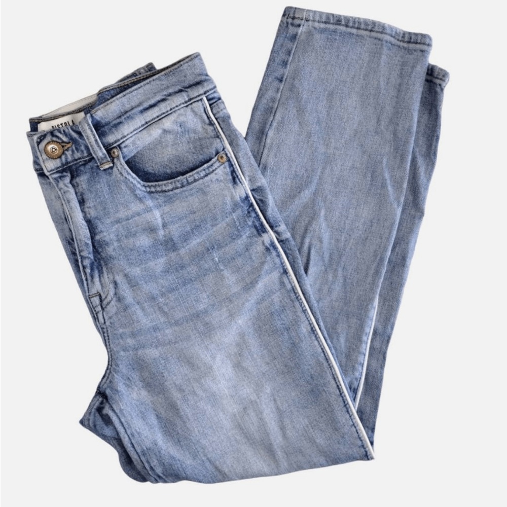 Pistola Womens Jeans Sz 29 Faded Washed Straight Legs White Piping High Waist